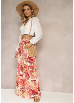 Pomarańczowe Długie Spodnie High Waist z Szerokimi Nogawkami i printem w Kwiaty Yusia ze sklepu Renee odzież w kategorii Spodnie damskie - zdjęcie 161272200