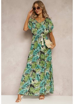 Zielono-Czarna Maxi Sukienka z Wiskozy w Kwiatowy Print ze Sznurkiem w Talii Anukka ze sklepu Renee odzież w kategorii Sukienki - zdjęcie 161274270