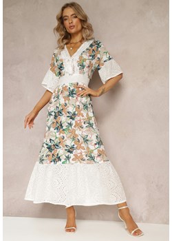 Biało-Zielona Rozkloszowana Sukienka w Kwiaty z Haftowanymi Falbankami Omuna ze sklepu Renee odzież w kategorii Sukienki - zdjęcie 161274280