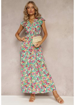 Zielona Rozkloszowana Sukienka z Wiskozy w Kwiaty z Gumką w Talii Omella ze sklepu Renee odzież w kategorii Sukienki - zdjęcie 161274310