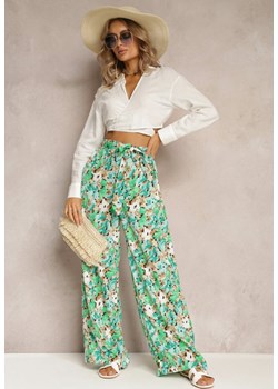 Zielone Długie Spodnie z Szerokimi Nogawkami oraz Kieszeniami i Materiałowym Paskiem Omina ze sklepu Renee odzież w kategorii Spodnie damskie - zdjęcie 161274330