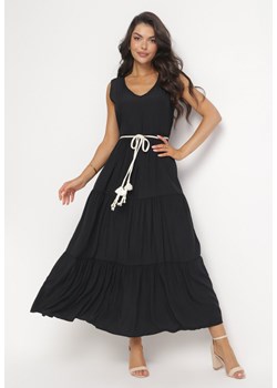 Czarna Rozkloszowana Sukienka Maxi z Plecionym Sznurkiem w Talii Ralica ze sklepu Born2be Odzież w kategorii Sukienki - zdjęcie 161280953
