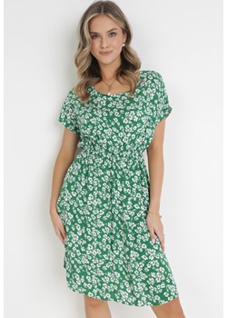 Zielona Sukienka z Wiskozy w Kwiaty i Gumką w Pasie Alixeme ze sklepu Born2be Odzież w kategorii Sukienki - zdjęcie 161290184