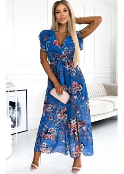 Długa sukienka niebieska w kwiaty Aria 473-1, Kolor niebieski-wzór, Rozmiar one size, Numoco ze sklepu Primodo w kategorii Sukienki - zdjęcie 161307300