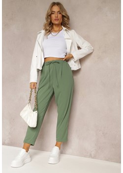 Zielone Spodnie High Waist z Gumką i Troczkiem w Pasie oraz Kieszeniami Arlettia ze sklepu Renee odzież w kategorii Spodnie damskie - zdjęcie 161311382