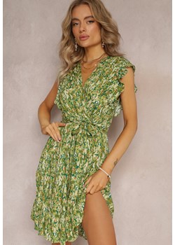 Zielona Rozkloszowana Midi Sukienka w Kwiaty z Wiskozy Ściągana w Talii Gumką Anicolas ze sklepu Renee odzież w kategorii Sukienki - zdjęcie 161311411