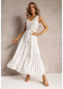 Biała Sukienka Maxi o Rozkloszowanym Fasonie z Ozdobnym Sznurkiem i Trójkątnym Dekoltem Zornitsa ze sklepu Renee odzież w kategorii Sukienki - zdjęcie 161311431