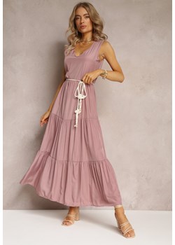 Różowa Sukienka Maxi o Rozkloszowanym Fasonie z Ozdobnym Sznurkiem i Trójkątnym Dekoltem Zornitsa ze sklepu Renee odzież w kategorii Sukienki - zdjęcie 161311441