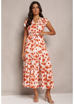 Pomarańczowa Rozkloszowana Sukienka Maxi w Kwiatowy Print z Gumką w Pasie Javiky ze sklepu Renee odzież w kategorii Sukienki - zdjęcie 161349492