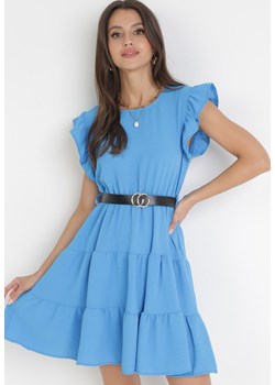 Niebieska Sukienka z Gumką i Paskiem w Talii Ozdobiona Falbankami Deliga ze sklepu Born2be Odzież w kategorii Sukienki - zdjęcie 161352390