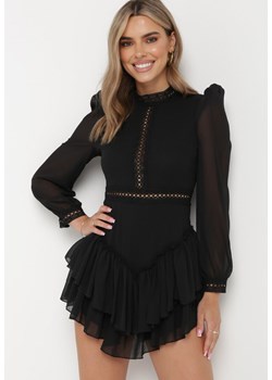 Czarna Rozkloszowana Sukienka Kombinezon Mini z Falbankami Gilha ze sklepu Born2be Odzież w kategorii Sukienki - zdjęcie 161354224