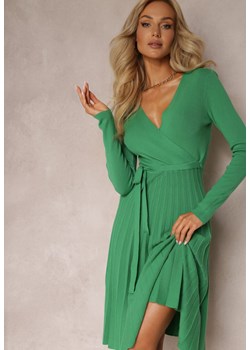 Zielona Sukienka Dzianinowa z Wiązaniem i Plisowanym Dołem Phelleira ze sklepu Renee odzież w kategorii Sukienki - zdjęcie 161354372