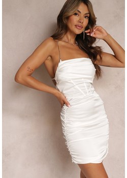 Biała Dopasowana Mini Sukienka na Cyrkoniowych Ramiączkach Ozdobiona Marszczeniami Esterells ze sklepu Renee odzież w kategorii Sukienki - zdjęcie 161379612