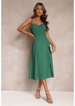 Zielona Rozkloszowana Sukienka Midi z Rozcięciem na Ramiączkach Josine ze sklepu Renee odzież w kategorii Sukienki - zdjęcie 161379642