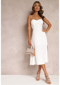 Biała Rozkloszowana Sukienka Midi z Rozcięciem na Ramiączkach Josine ze sklepu Renee odzież w kategorii Sukienki - zdjęcie 161379652
