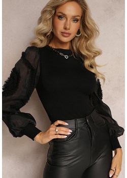 Czarny Sweter z Bufiastymi Zdobionymi Rękawami i Półgolfem Yusi ze sklepu Renee odzież w kategorii Swetry damskie - zdjęcie 161438553