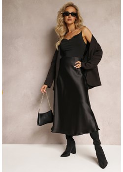 Czarna Satynowa Midi Spódnica Rozkloszowana z Gumką w Pasie i Suwakiem Leose ze sklepu Renee odzież w kategorii Spódnice - zdjęcie 161441971