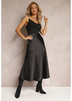 Czarna Satynowa Midi Spódnica Rozkloszowana z Gumką w Pasie i Suwakiem Leose ze sklepu Renee odzież w kategorii Spódnice - zdjęcie 161441972