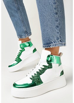 Biało-Zielone Sneakersy na Grubej Płaskiej Podeszwie z Cholewką za Kostkę Ozdobione Brokatem i Metalicznymi Wstawkami Byreli ze sklepu born2be.pl w kategorii Buty sportowe damskie - zdjęcie 161445542