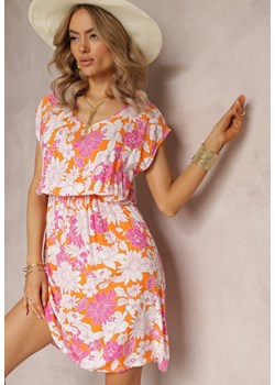 Pomarańczowa Rozkloszowana Mini Sukienka z Wiskozy w Kwiatowy Print i z Gumką w Pasie Yapta ze sklepu Renee odzież w kategorii Sukienki - zdjęcie 161471174