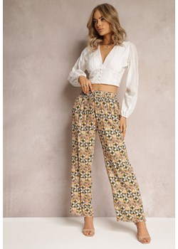 Jasnozielone Wiskozowe Spodnie High Waist Szerokie z Gumką w Pasie i Kieszeniami Aizha ze sklepu Renee odzież w kategorii Spodnie damskie - zdjęcie 161471354