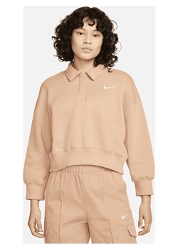 Damska bluza polo o skróconym kroju z rękawem 3/4 Nike Sportswear Phoenix Fleece - Brązowy ze sklepu Nike poland w kategorii Bluzy damskie - zdjęcie 161520421