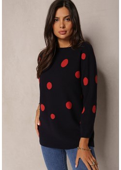 Granatowy Sweter z Okrągłym Dekoltem i Długim Rękawem w Kropki Annalie ze sklepu Renee odzież w kategorii Swetry damskie - zdjęcie 161555071