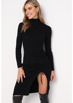 Czarna Midi Sukienka z Golfem i Wycięciem ze Sweterkowej Dzianiny o Dopasowanym Fasonie Banise ze sklepu Born2be Odzież w kategorii Sukienki - zdjęcie 161561163