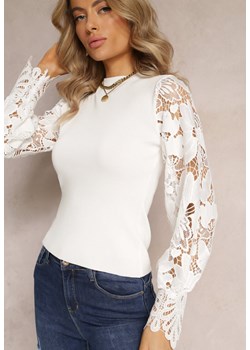 Biały Sweter z Rękawem z Koronki i Półgolfem Emano ze sklepu Renee odzież w kategorii Swetry damskie - zdjęcie 161561501