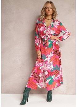 Fuksjowa Sukienka Maxi z Wiskozy w Kwiatowy Print o Koszulowym Fasonie z Paskiem Carolles ze sklepu Renee odzież w kategorii Sukienki - zdjęcie 161561551