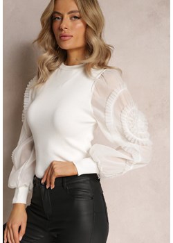 Biały Sweter z Bufiastymi Zdobionymi Rękawami i Półgolfem Yusi ze sklepu Renee odzież w kategorii Swetry damskie - zdjęcie 161576222