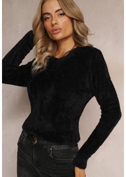 Czarny Sweter z Puchatej Dzianiny z Trójkątnym Dekoltem Bouse ze sklepu Renee odzież w kategorii Swetry damskie - zdjęcie 161599150