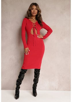 Czerwona Dopasowana Sukienka Sweterkowa z Wycięciem i Wiązaniem z Przodu Keriana ze sklepu Renee odzież w kategorii Sukienki - zdjęcie 161599270