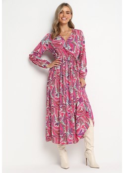 Ciemnoróżowa Plisowana Sukienka z Gumką w Pasie i Wzorem Paisley Carella ze sklepu Born2be Odzież w kategorii Sukienki - zdjęcie 161603302