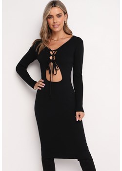 Czarna Dzianinowa Sukienka Midi z Wycięciem i Wiązaniem Filila ze sklepu Born2be Odzież w kategorii Sukienki - zdjęcie 161603402