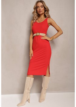 Czerwona Dopasowana Midi Sukienka z Prążkowanego Materiału z Plecionym Paskiem Caidince ze sklepu Renee odzież w kategorii Sukienki - zdjęcie 161633612