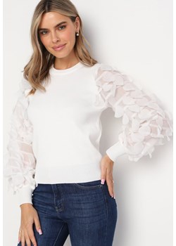 Biały Sweter z Falbankami na Rękawach Belpie ze sklepu Born2be Odzież w kategorii Swetry damskie - zdjęcie 161638703