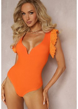 Pomarańczowe Body z Wycięciem i Falbankami z Haftem Eshawn ze sklepu Renee odzież w kategorii Bluzki damskie - zdjęcie 161642601