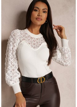 Biały Sweter z Prążkowanej Dzianiny z Koronką Ule ze sklepu Renee odzież w kategorii Swetry damskie - zdjęcie 161646900