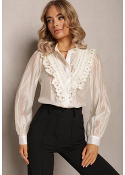 Beżowa Koszula na Guziki z Ozdobną Koronką Raneem ze sklepu Renee odzież w kategorii Koszule damskie - zdjęcie 161655860