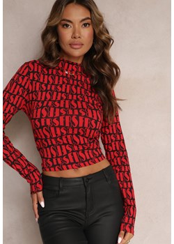 Czerwona Bluzka Bawełniana z Półgolfem z Długim Rękawem w Print z Napisami Calara ze sklepu Renee odzież w kategorii Bluzki damskie - zdjęcie 161656020