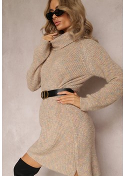 Beżowa Dzianinowa Sweterkowa Sukienka Mini z Golfem i Długim Rękawem Wivara ze sklepu Renee odzież w kategorii Sukienki - zdjęcie 161772302