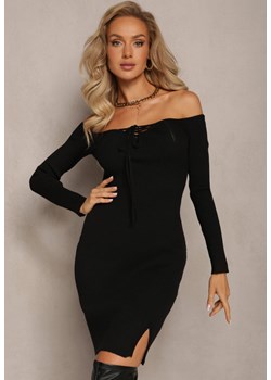 Czarna Dopasowana Sukienka Mini z Prążkowanego Materiału z Wiązaniem na Dekolcie Hitboa ze sklepu Renee odzież w kategorii Sukienki - zdjęcie 161772372