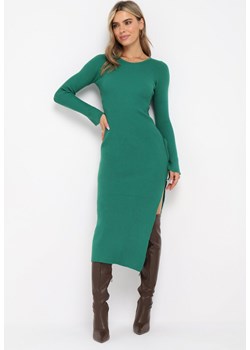 Zielona Sukienka Midi z Prążkowanej Dzianiny z Wiązaniami po Bokach Aramelia ze sklepu Born2be Odzież w kategorii Sukienki - zdjęcie 161809252