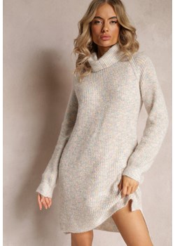 Jasnobeżowa Dzianinowa Sweterkowa Sukienka Mini z Golfem i Długim Rękawem Wivara ze sklepu Renee odzież w kategorii Sukienki - zdjęcie 161810682