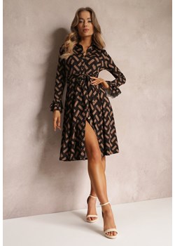 Brązowa Sukienka Koszulowa w Geometryczny Wzór Reimeza ze sklepu Renee odzież w kategorii Sukienki - zdjęcie 161853853