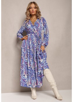 Granatowa Plisowana Sukienka z Kopertowym Dekoltem i Wzorem Paisley Olanetta ze sklepu Renee odzież w kategorii Sukienki - zdjęcie 161864442