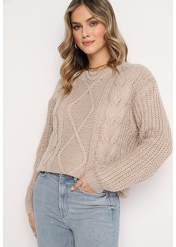 Beżowy Klasyczny Sweter z Modnym Splotem Viloma ze sklepu Born2be Odzież w kategorii Swetry damskie - zdjęcie 161930163