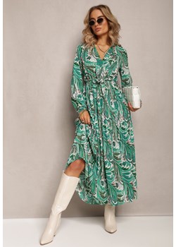 Zielona Plisowana Sukienka z Kopertowym Dekoltem i Wzorem Paisley Olanetta ze sklepu Renee odzież w kategorii Sukienki - zdjęcie 161953584