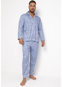 Jasnoniebieska Bawełniana 2-Częściowa Piżama w Modny Nadruk Zapinana Koszula i Spodnie na Gumce Timba ze sklepu Born2be Odzież w kategorii Piżamy męskie - zdjęcie 161962603